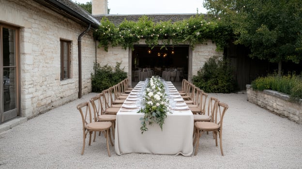 A long table set up in a courtyard with chairs photo