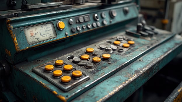 Control panel of industrial machinery, showing wear. photo