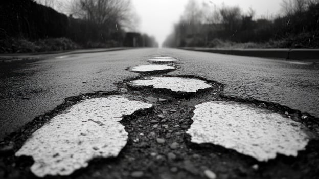 Cracked road surface in a foggy landscape. photo