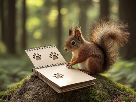 A squirrel making a handmade journal with pressed leaves and recycled paper in a forest cabin, Nature-inspired designs, tiny scissors, and paw prints on the paper. photo