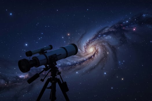Telescope Pointing Towards A Majestic Spiral Galaxy In The Dark Starry Night Sky photo