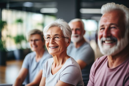 Active and joyful elderly individuals enjoying themselves in the gym.. photo
