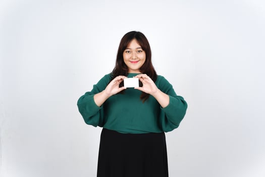 Asian woman holding up a white box photo