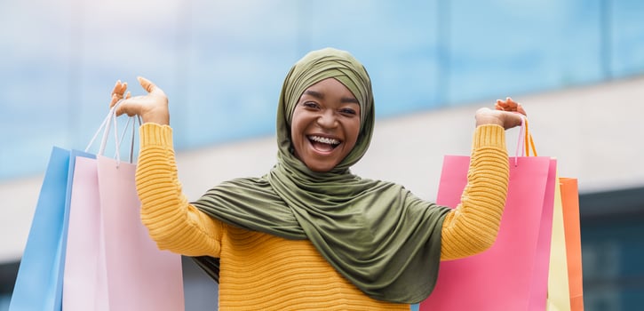 Sale Season. Joyful Black Muslim Woman In Headscarf Posing Outdoors With Lots Of Shopping Bags, Euphoric African Islamic Lady In Headscarf Carrying Purchases And Smiling At Camera, Free Space photo