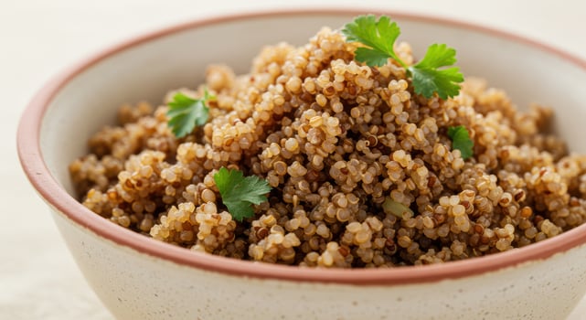 A close up of a bowl filled with cooked quinoa and garnished with fresh parsley. photo