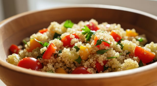 A colorful quinoa salad, filled with fresh tomatoes, peppers, and herbs, in a wooden bowl. photo