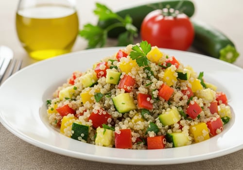 A vibrant quinoa salad is served with fresh ingredients and colorful vegetables. photo