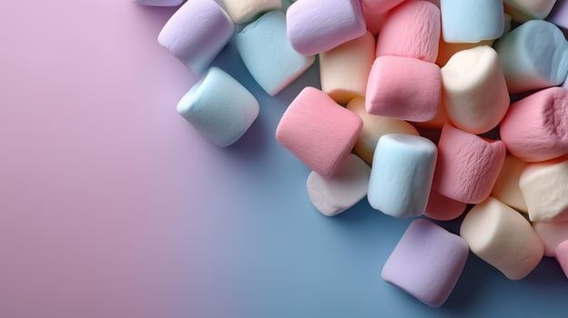 Pastel colored marshmallows on a pink and blue background photo