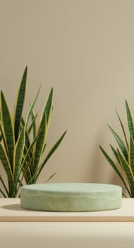 A sage green cylindrical podium sits on a light beige surface, flanked by vibrant yellow-green snake plants against a warm beige wall photo
