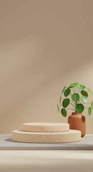 Two speckled beige podiums sit beside a Pilea peperomioides in a brown pot against a warm beige backdrop photo
