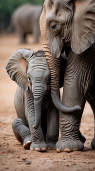 Baby elephant napping peacefully beside its mother in a natural habitat during daytime photo