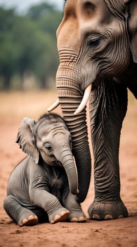 Baby elephant resting while leaning against adult elephant in natural habitat photo