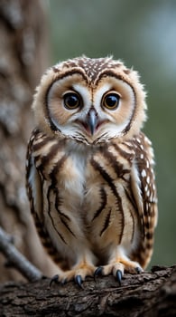 Captivating baby owl with distinctive features gazing at the observer photo