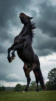 Dramatic black stallion rearing against a moody sky in a lush landscape photo