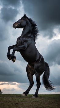 Majestic black stallion rearing against a dramatic cloudy sky at sunset photo
