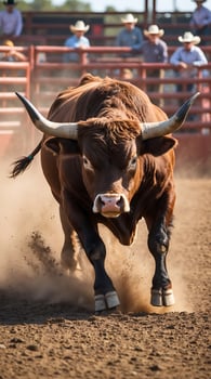Bull charges through dusty rodeo arena during action packed competition photo