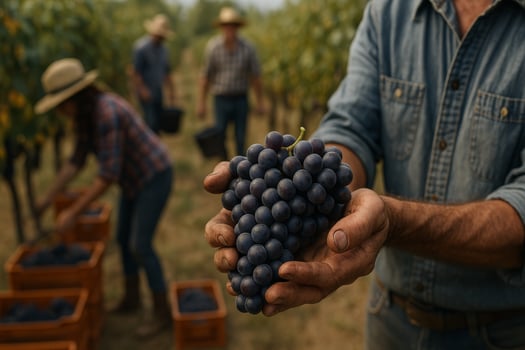 Workers Harvesting Grapes Under the Sun in a Vineyard During the Early Autumn Season photo