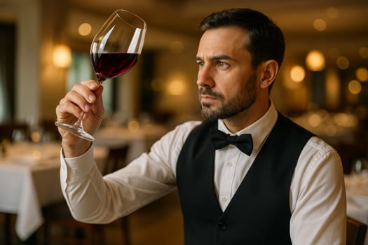 Sommelier Inspecting Red Wine in an Upscale Restaurant During Dinner Service photo