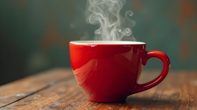 A steaming red mug with white interior rests on a wooden table, suggesting warmth and comfort. photo