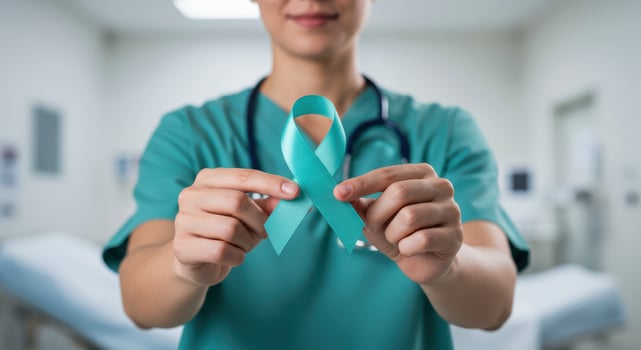 world day ovarian world, Doctor holds a teal ribbon in a hospital room. photo