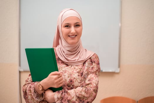 Portrait of a female Muslim teacher in the classroom. photo