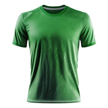 Green shirt with diagonal stripe pattern. Short sleeve shirt. Clothes on dark background. Sportswear for athlete. Simple design of fabric. Apparel mockup. photo