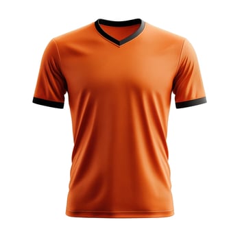Orange t shirt with black trim. Isolated on black. Sport apparel. Short sleeves. V neck. Jersey style. Blank template. Rendered graphic image. photo
