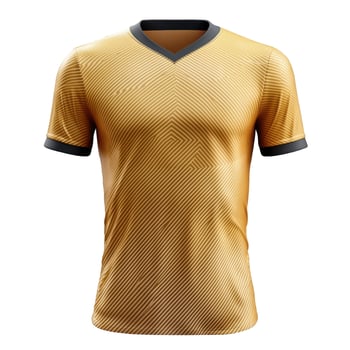 Isolated sport shirt. Golden jersey with v neck on black background. Pattern with parallel and diagonal lines. Realistic fabric texture. Textile design. photo