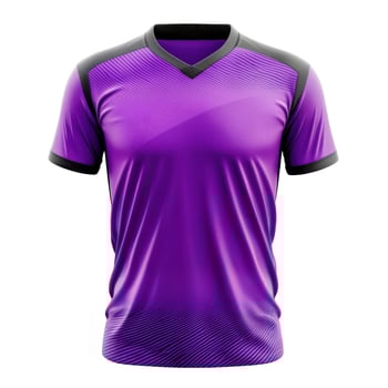 Purple t shirt detail against black background. Sport uniform with texture and design element. Short sleeves apparel on display with v neck. photo