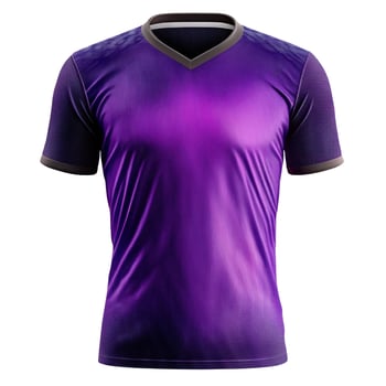 Purple sports shirt. Short sleeve v neck athletic jersey. Sport apparel on black background. Textured fabric sportswear. Isolated clothing item design. photo
