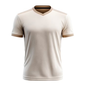 Plain sports shirt. Simple design. Beige jersey with v neck. Light neutral color. Isolated on black. Short sleeve shirt. Sport uniform design. photo