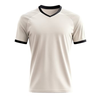 Beige short sleeve shirt. V neck with black trim. Textured pattern on sleeves. Sports uniform template on black background. Casual apparel mockup. photo