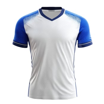 Blue and white sports jersey. Short sleeve shirt. Apparel with stripes and textured shoulders. Isolated on background. Sportswear clothing for athletic activities. V neck top. photo