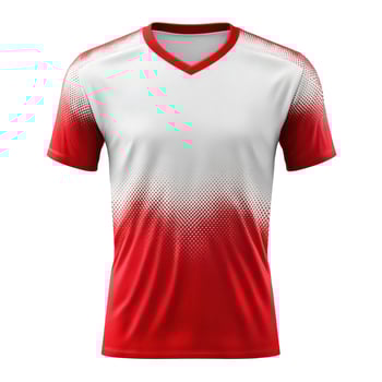 Isolated white and red shirt design. Garment detail with short sleeves and v neck. Fading color scheme and sportswear concept photo