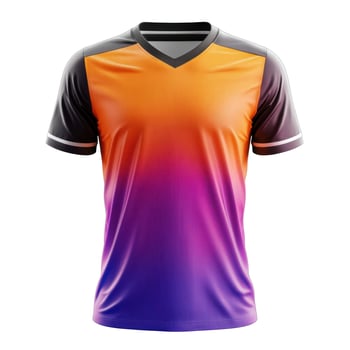 Sports jersey graphic design. V neck shirt with color gradient. Orange and purple gradient on a dark gray background. Short sleeved shirt for activities. photo