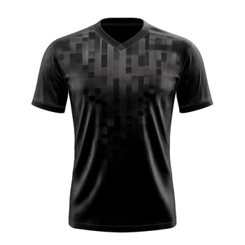 Black T shirt displays modern square pattern. V neck shirt. Textile texture on a dark background. Apparel product for sports or casual wear. photo