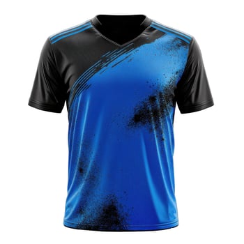 Blue and black v neck t shirt. Short sleeve jersey with abstract lines and a splatter pattern on a plain black background. photo