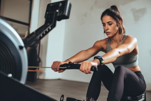 Fitness enthusiast engaged in rowing exercise on machine, showcasing strength and determination in gym environment, promoting healthy lifestyle concept photo