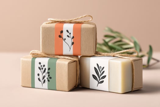Eco-friendly handmade soap bars packaged in recycled cardboard boxes promoting sustainable beauty products photo