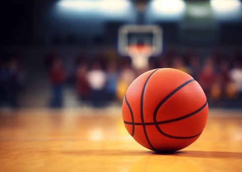 Basketball ball on a blurred basketball court background photo