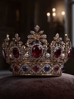 A golden crown adorned with jewels rests on a velvet cushion photo