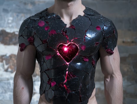 Man with cracked armor and glowing heart photo