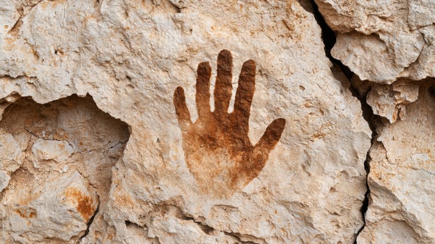 Prehistoric cave painting of a hand on a stone wall photo