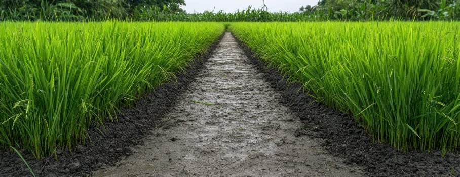 A muddy path through a lush green rice field photo