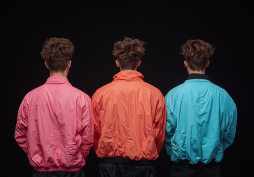 Three people wearing colorful jackets stand against a black background photo
