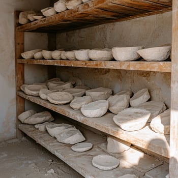 Handmade clay bowls drying on wooden shelves photo