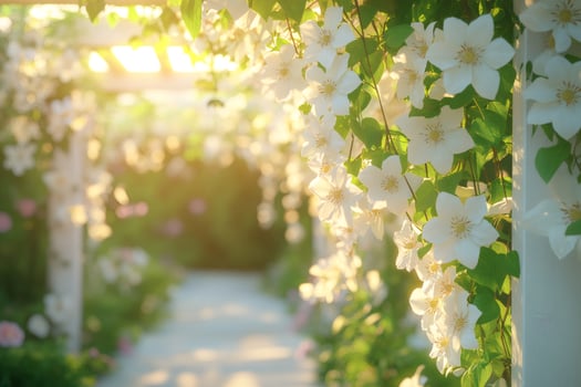 White clematis flowers covering a garden pergola at sunset photo