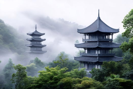 Fog surrounding traditional chinese pagodas in a misty forest landscape photo