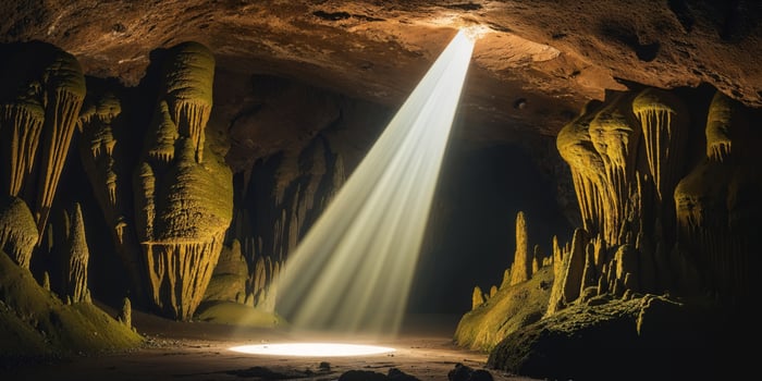 Dramatic spotlight illuminates a dark cave. photo