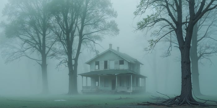 An old house in the foggy woods photo
